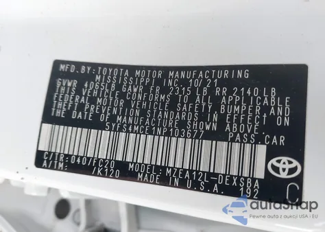 2022 Toyota Corolla Se Nightshade Edition z USA, uszkodzony, nr VIN 5YFS4MCE1NP103677